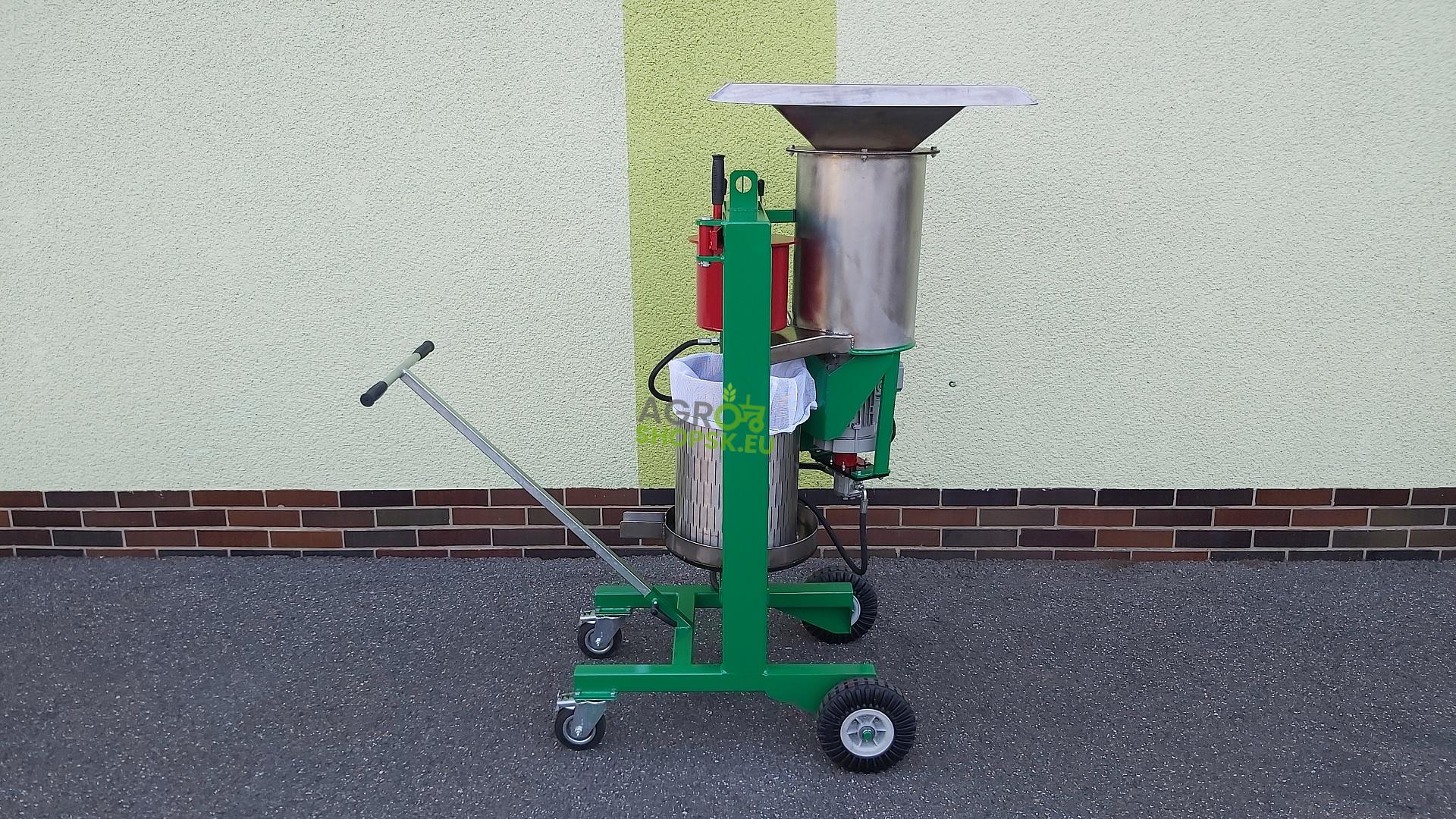 DRVIČ A LIS NA OVOCIE NEREZOVÝ - 1,5kW/400V - Vydlica 16A 5kolík - Tlak 3t - lisovací koš nerez 30l - Štyri pojazdové kolesá