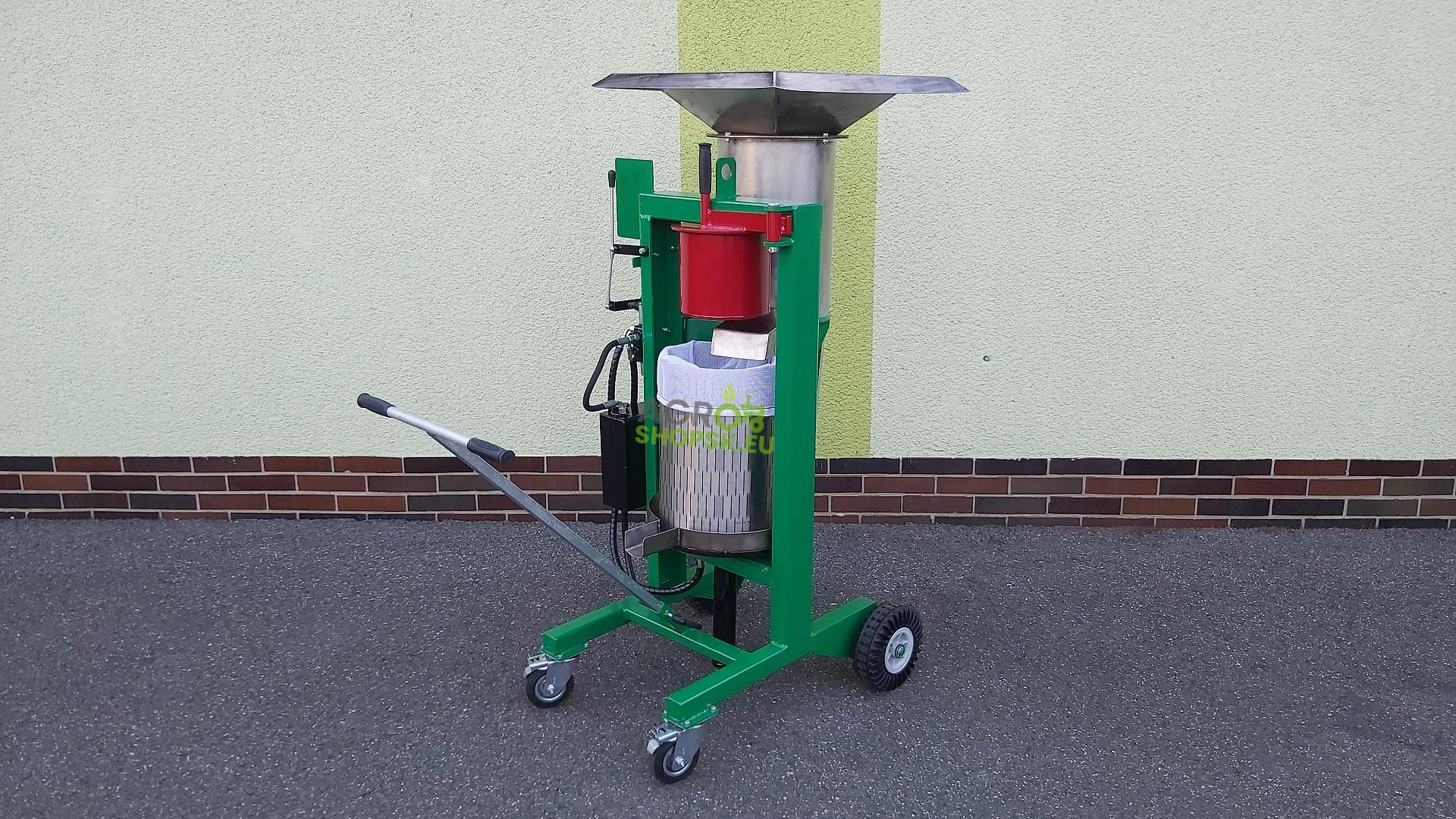 DRVIČ A LIS NA OVOCIE NEREZOVÝ - 1,5kW/400V - Vydlica 16A 5kolík - Tlak 3t - lisovací koš nerez 30l - Štyri pojazdové kolesá
