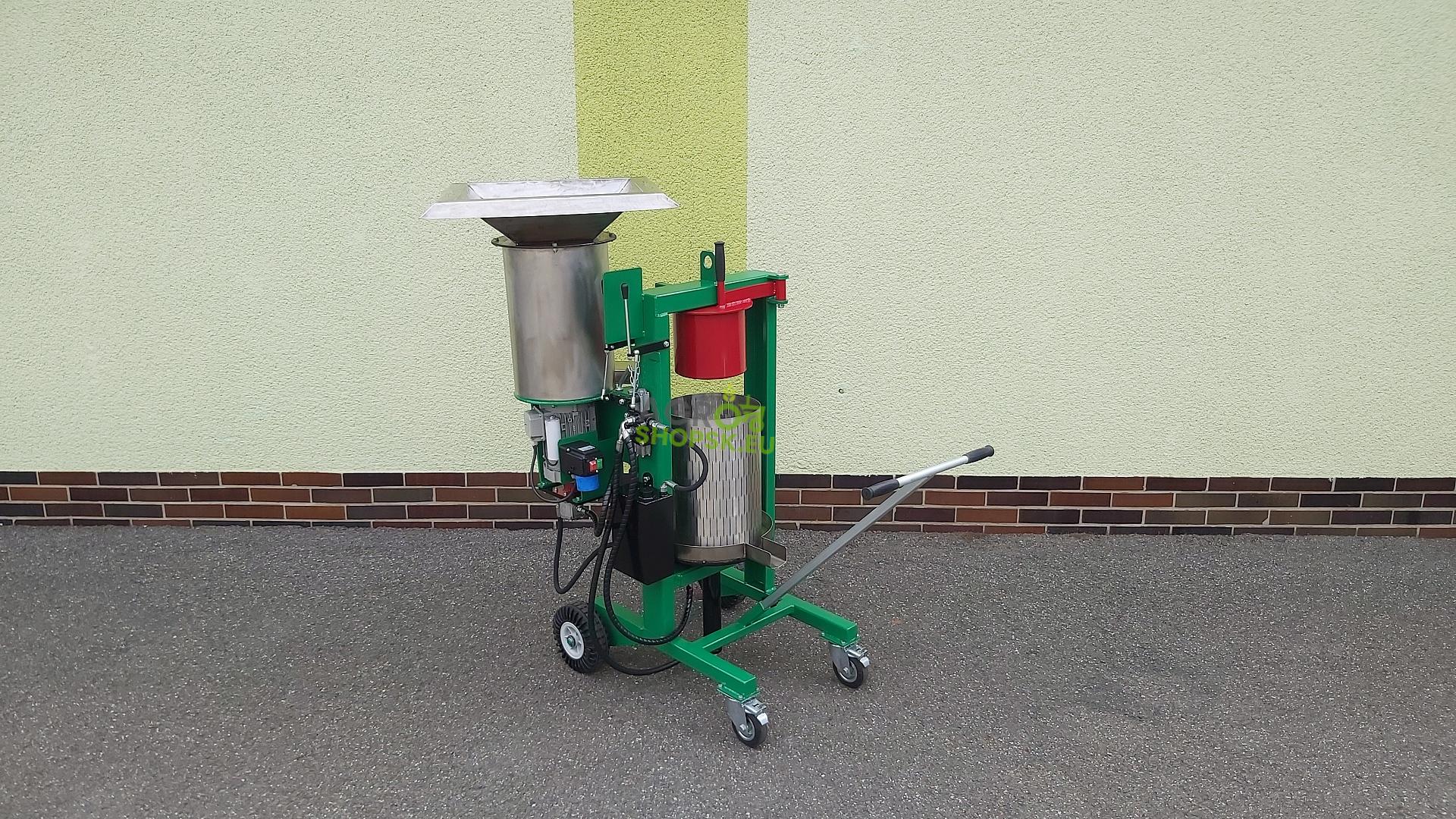 DRVIČ A LIS NA OVOCIE NEREZOVÝ - 1,5kW/400V - Vydlica 16A 5kolík - Tlak 3t - lisovací koš nerez 30l - Štyri pojazdové kolesá