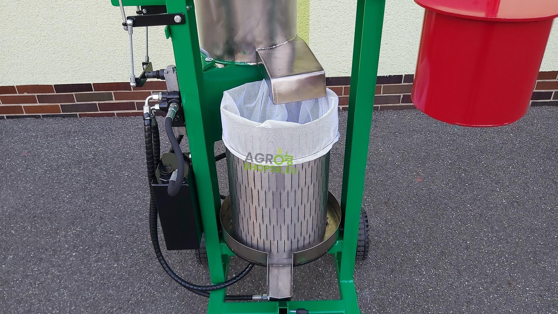 DRVIČ A LIS NA OVOCIE NEREZOVÝ - 1,5kW/400V - Vydlica 16A 5kolík - Tlak 3t - lisovací koš nerez 30l - Štyri pojazdové kolesá